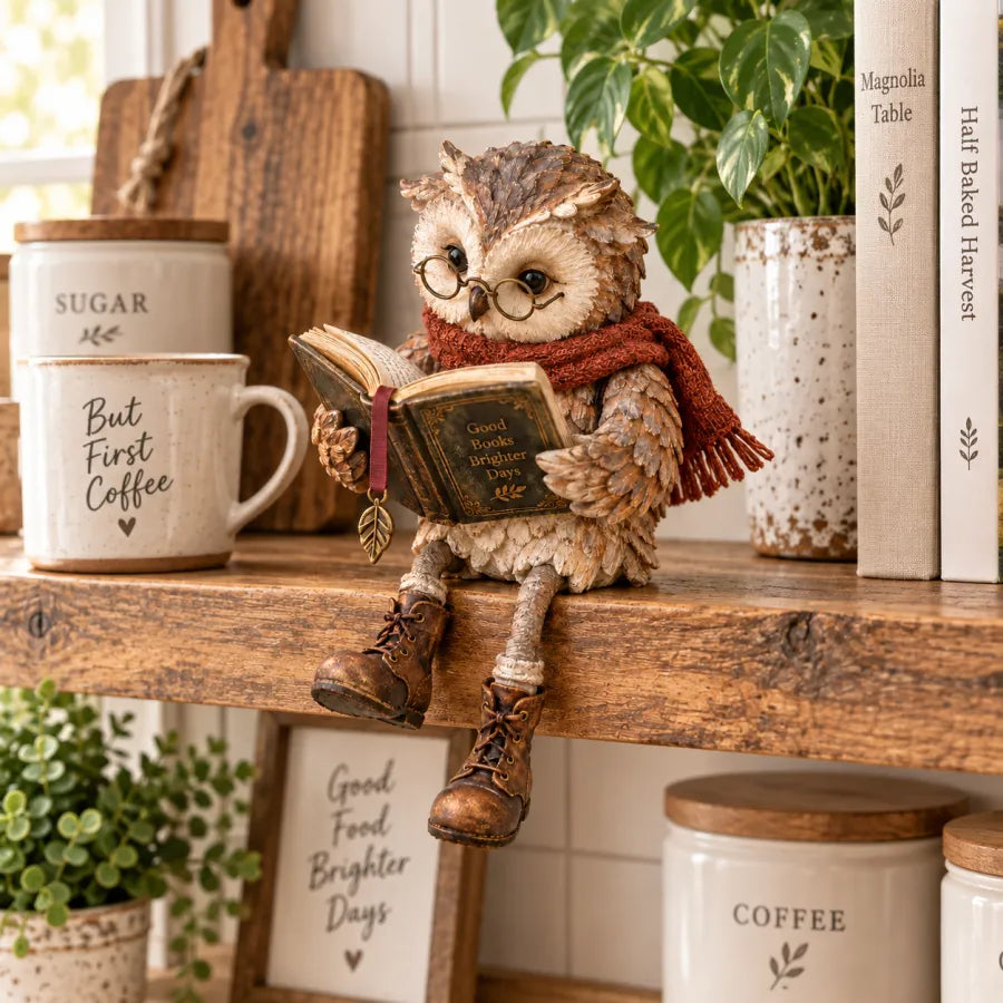 Mysig läsugglahylla – Rustik bokälskarefigur och läshörnsdekor