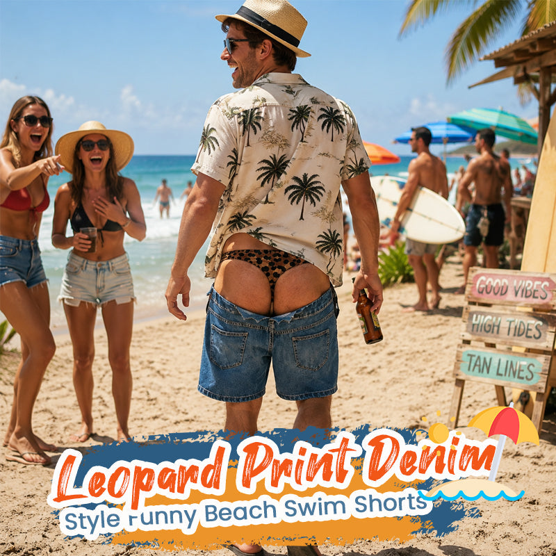 Roliga leopardmönstrade badshorts i denim med fusk | Novelty Illusion-strandtröjor