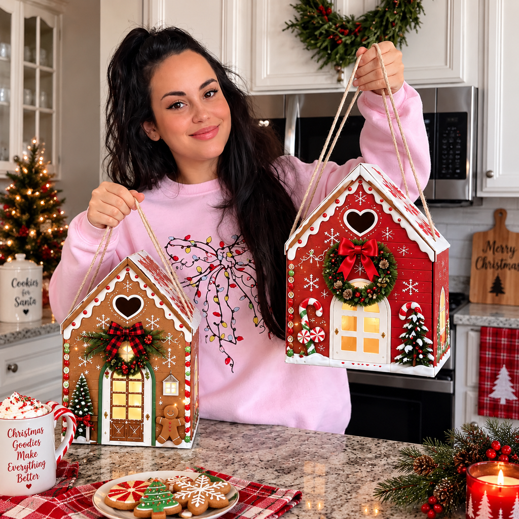 Julklappsförpackning med magiskt hus – Kreativ 3D-handhållen presentförpackning för högtider