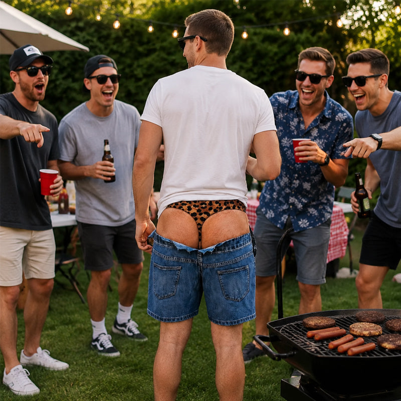 Roliga leopardmönstrade badshorts i denim med fusk | Novelty Illusion-strandtröjor