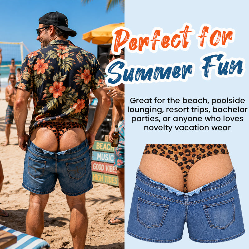 Roliga leopardmönstrade badshorts i denim med fusk | Novelty Illusion-strandtröjor