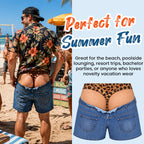 Roliga leopardmönstrade badshorts i denim med fusk | Novelty Illusion-strandtröjor